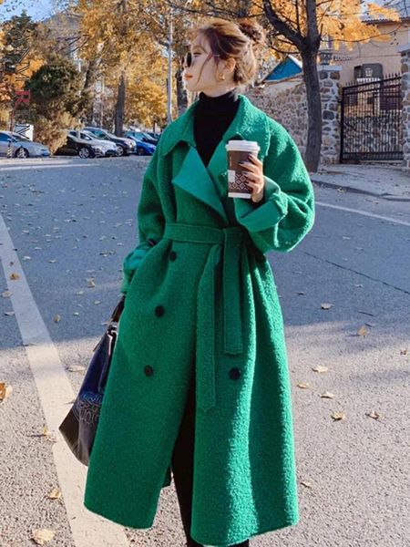 LANMREM – manteau Long en fourrure d'agneau de Style coréen pour femme, couleur unie, ceinture à revers, taille froncée, vêtements d'automne, mode 2023 23284