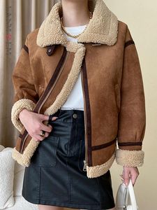 LANMREM – vestes d'agneau Vintage en fourrure pour femmes, poches chaudes à revers, fermeture éclair, manteau de couleur contrastée, mode automne 2023, 22503