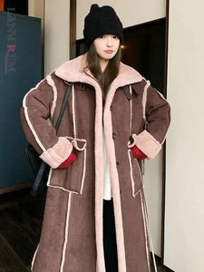 LANMREM – manteau Long en fourrure d'agneau pour femme, vêtement Vintage, couleur contrastée, ample, simple boutonnage, mode hiver 2023, 23442