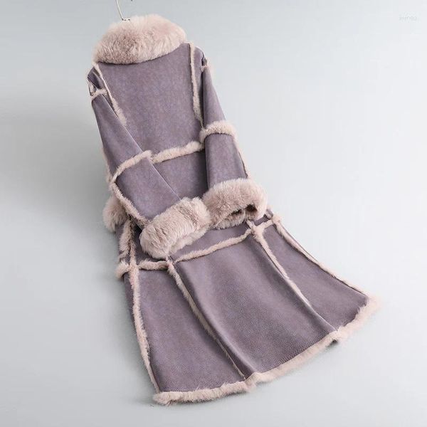 Couro de pele feminino e casaco integrado para comprimento médio 2023 gola de lã haining genuíno engrossado