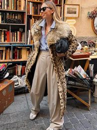 Manteau en fausse fourrure imprimé léopard pour femme, veste à manches longues à revers, à la mode, élégante, automne hiver, Streetwear haut