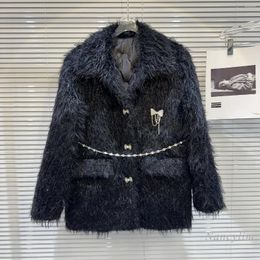 Manteau de luxe léger en fourrure pour femme, Style classique, doublure avec épingle à nœud, Imitation peluche, chaud, chaîne de taille, hiver 2023