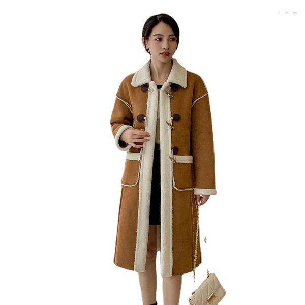 Manteau Long doublé de fourrure d'agneau pour femme, veste en peluche, fausse peau de mouton, pelucheux, vêtements d'extérieur pour dames, hiver 2023