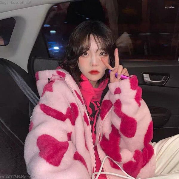 Abrigo de lana de cordero con estampado romántico de piel para mujer, Chaqueta corta rosa con capucha holgada de invierno para chica, Kawaii Japón