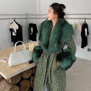 Femmes fourrure luxe moelleux réel col et manchette laine mélange manteau pour femmes 2022 hiver dame épais chaud ceinturé Tweed veste