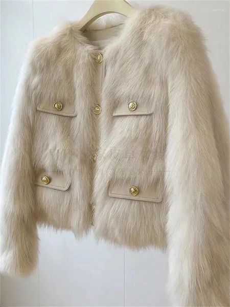 FURS FURS LUXURA DE PERLA DE LUXURA Botón Faux Jackets Vintage FURS CORTOS CAPS CALIENTES COREANO COREANO FN PLUSH OUTERAURA Mujeres Casaco peludas