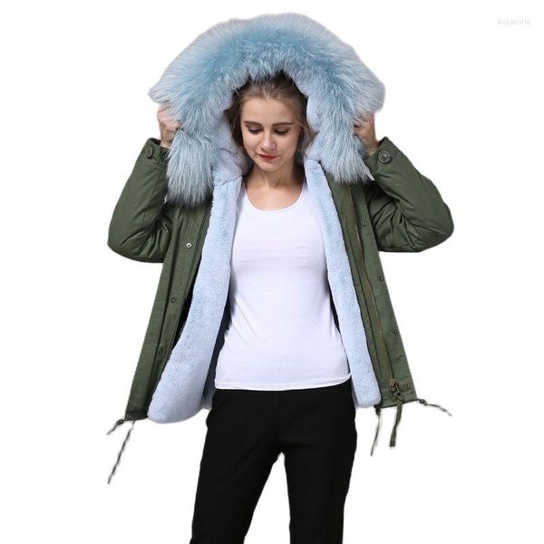 Fourrure pour femmes Mhnkro hiver Fasiopn Skyblue col de fourrure armée vert qualité MRS Faux manteaux porter