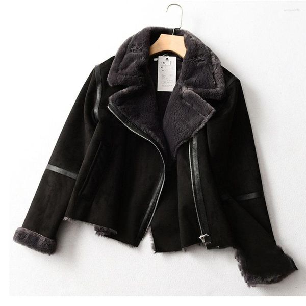 Femmes Fourrure Moto Biker Zipper Veste Manteau Court Faux Cuir Double Face En Peluche Casual Hairy Collar Promotion