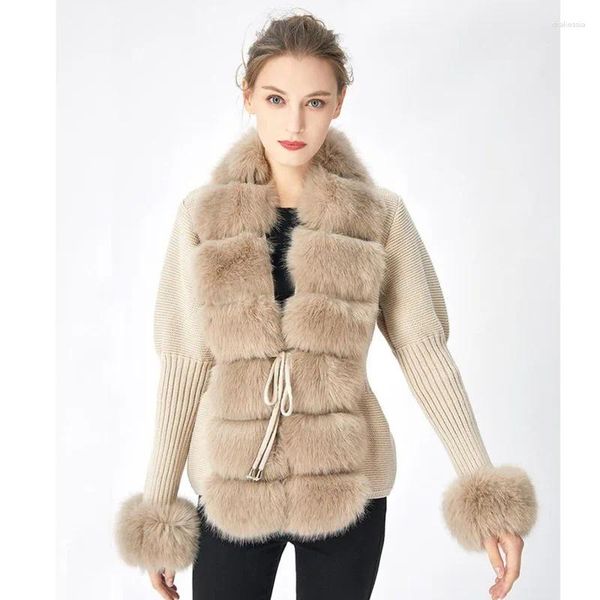 MUXI-abrigo de piel para mujer, suéter de punto, cárdigan con cuello desmontable, chaqueta blanca y rosa, abrigos de imitación, otoño e invierno