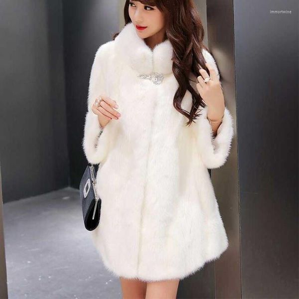 Femmes fourrure belle femmes automne hiver fausse veste élégant mi-long manteaux en peluche col montant manteau de vison