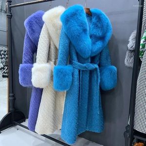 Abrigo de piel P39 para mujer, abrigo de lana con cuello de piel entera, abrigo de invierno cálido y delgado