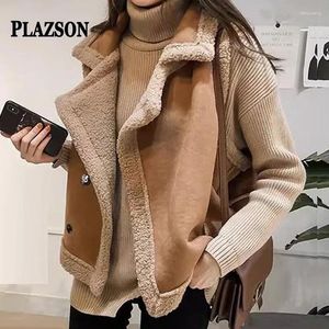 Chaleco informal de piel de oveja sintética PLAZSON para mujer, chaquetas sin mangas de lana de cordero con costuras de lana y cuero para otoño e invierno