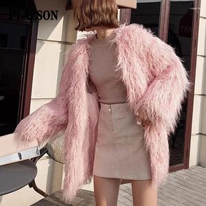 Dames furplazson v nek pluizig roze groene faux jas winter oversized lange schapenjas vrouwen kantoor streetwear jassen 2024