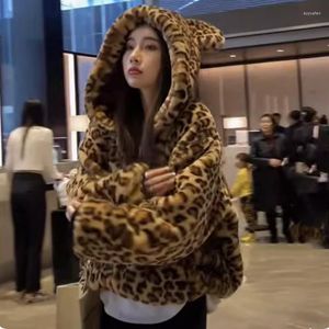 Manteau à capuche en fourrure imprimé léopard pour femme, grande taille, Streetwear de luxe à manches longues, fausse veste épaisse et chaude de haute qualité