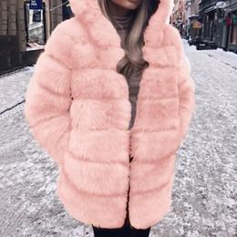 Manteau en fausse fourrure pour femmes, avec poches, décontracté, surdimensionné, à la mode, à capuche, épais et chaud, mode hiver 2024