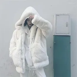 Chaqueta de felpa de piel para mujer, abrigo blanco de invierno de talla grande, grueso, cálido, con capucha, cremallera, prendas de vestir suaves y peludas, abrigo de imitación