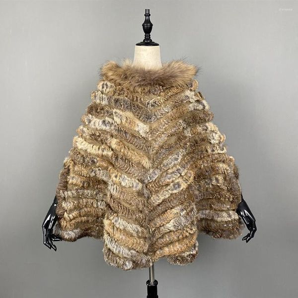 Femmes fourrure raton laveur col réel tissé châle manches Cape tricoté chaud hiver manteaux pour femmes Patchwork hauts 2023 vestes