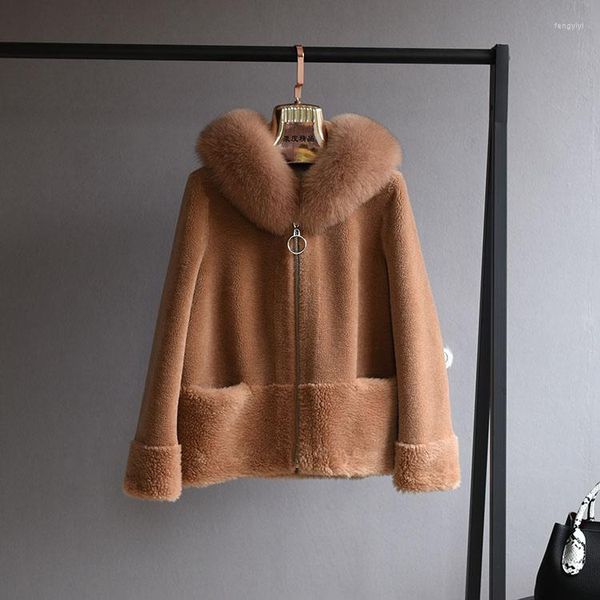 Abrigo de piel auténtica para mujer, chaqueta de invierno, capucha de cuello Natural para mujer, ropa de abrigo tejida con contenido de lana, felpa Polar de peluche