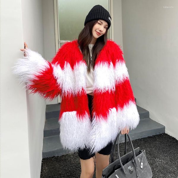 Cardigan rouge en fourrure pour femme, vêtement d'extérieur, col en v, veste en peluche, Faux manteau d'agneau moelleux, hiver 2023