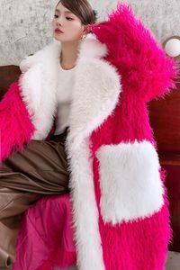 Veste longue en fausse fourrure Rose-rouge pour femme avec grands revers et poches en polaire manteau d'hiver pour femme