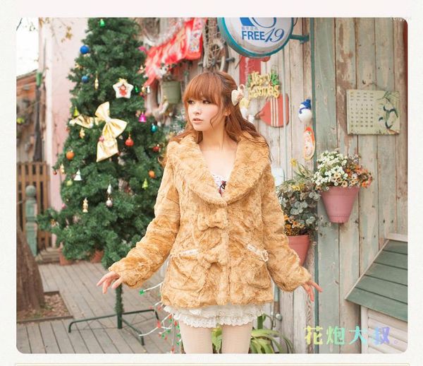 Ventes de fourrure pour femmes Japon Liz Lisa Winter Thick Lace Velvet Ribbon Bow Coat