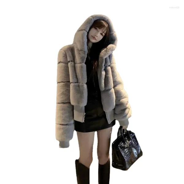 Manteau court en fausse fourrure pour femme, veste en peluche blanche, vêtements d'extérieur à capuche, moelleux, hiver, 2023