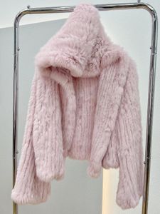 Manteau court en vraie fourrure pour femme, veste à capuche Double face tissée à la main, vêtements pour jeunes, automne-hiver 2023