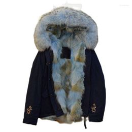 Damesbont skyblue coyote voor dames winterkleding marine kralen parka met echt gevoerde jas