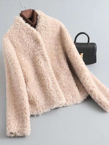 Faur de fourrure pour femmes collier de moutons de moutons cachets de cachemire veste en laine de gamine de laine de gamme courte 2024 manteau intégré Young