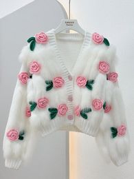 Manteau Cardigan court avec épissage de fourrure pour femme, haut à manches longues, vêtements tricotés en laine à fleurs, vêtements d'extérieur Slim, automne 2023