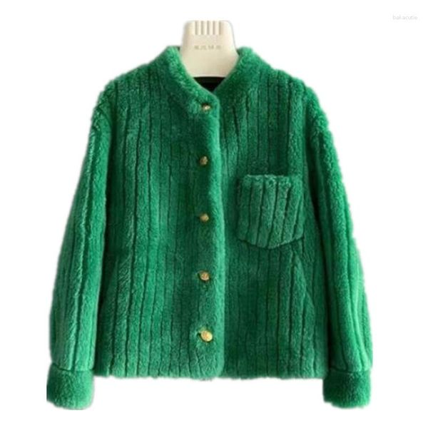 Abrigo de piel sintética verde con cuello levantado para mujer, chaquetas holgadas de manga larga sólidas para invierno 2023, prendas de vestir exteriores gruesas, abrigos cálidos