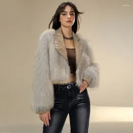 Casaco de pele feminino costura irregular gola de couro tingido apontou retro ecológico casual curto outerwear moda 2024