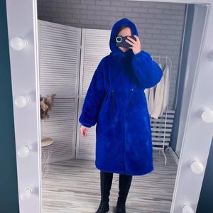 Magasin de fourrure pour femmes hiver Long surdimensionné guerre épais bleu moelleux Faux manteau Woen à capuche ample Style décontracté mode