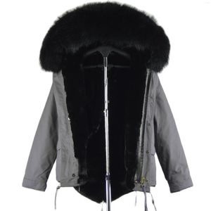 Parka gris a la moda con estilo de piel para mujer con forro negro y abrigo de invierno con cuello para mujer y hombre disponible