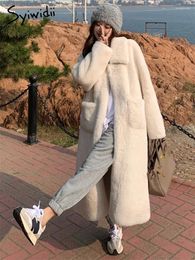 Dames Bont Syiwidii 2024 Winterjas Dames Lange Jas Oversized Teddy Jassen Turn Down Kraag Koreaanse Mode Losse Elegante Bovenkleding