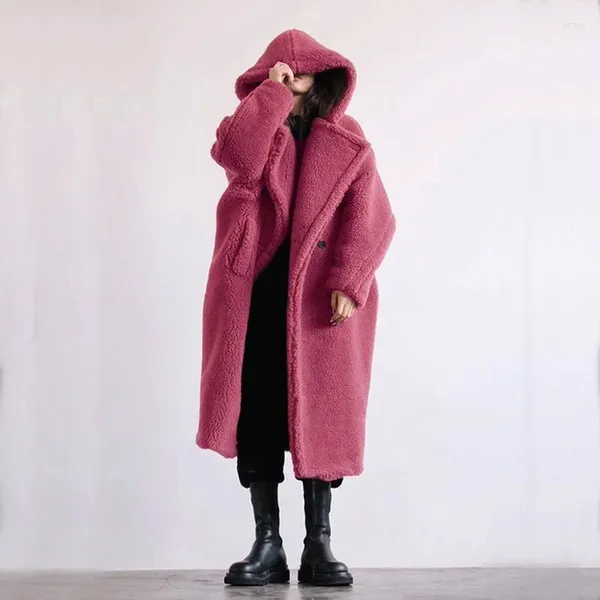 Manteau d'ours en peluche en fourrure pour femmes, vêtements d'hiver pour femmes, ceinture noire en laine, à capuche, longue Parkas, veste chaude surdimensionnée, manteaux 2024