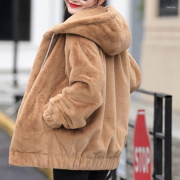 Abrigo con capucha de pelo grueso de piel para mujer, chaqueta de manga suelta coreana de invierno 2023 de largo medio para mujer