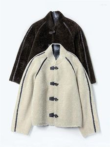 Veste à deux vêtements en fourrure d'agneau ou en cuir pour femme, manteau chaud d'hiver à col montant, manches longues, simple boutonnage