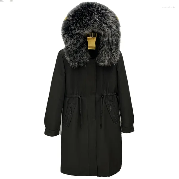 Parka ultra longue en fourrure pour femme, manteau à capuche avec col réel, manches amovibles, veste rembourrée, hiver 2023