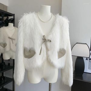 Manteau doux en fourrure pour femmes, col en v, élégant, à lacets, Design court, épais, Style coréen, automne hiver 2023