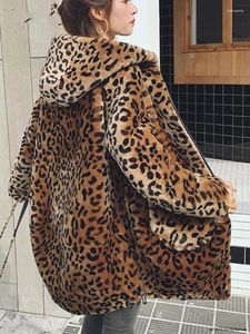 Femmes fourrure Vintage marron léopard à capuche fermeture éclair imprimé épais chaud manteaux décontracté ample à manches longues fausse fourrure pardessus automne