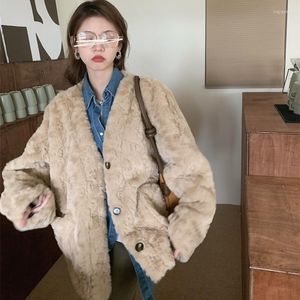 Femmes fourrure Vintage col en V Faux manteau veste femmes hiver 2022 ample simple boutonnage chaud en peluche manteaux pardessus femme vêtements d'extérieur