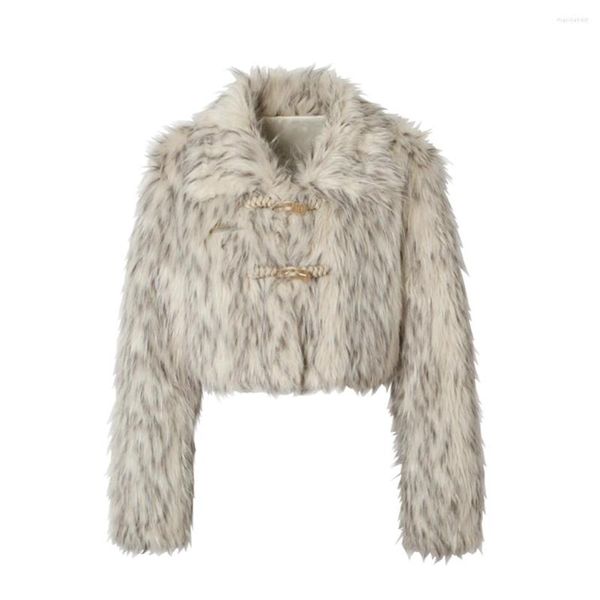 Femmes fourrure Vintage femmes Faux manteau col rabattu court chaud vestes corne bouton hiver épaissir Outerwaer 2023