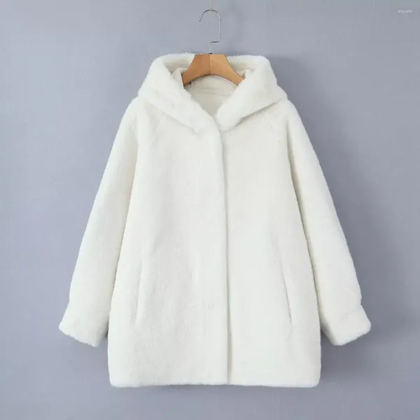 Abrigo largo de imitación blanco de piel para mujer, moda para mujer, ropa con capucha, gabardina de manga, chaqueta cálida para invierno