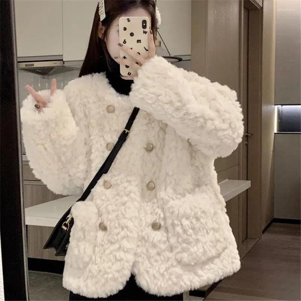 FURS FURS FURS WHILE WHILE Style Corean Wool Wool Jackets Women All-Match Beige Furno Furry Furny Ladies Fashion Streetwear Pockets Plush Coats