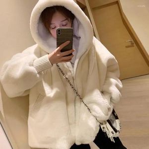 Chaqueta de imitación de felpa blanca de piel para mujer, ropa de invierno gruesa y cálida, abrigo Rex de gran tamaño con capucha y cremallera, moda coreana