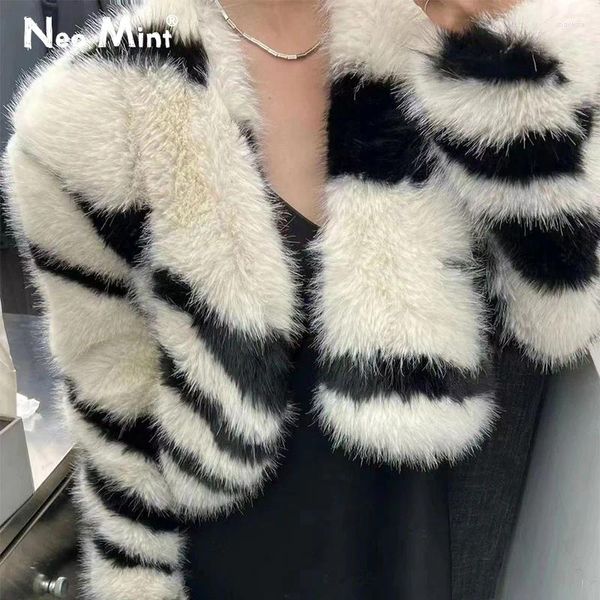 Fausse veste à rayures zèbre pour femme, manteau en fourrure, fabuleux, Harajuku, gothique, Punk, mode de rue, pardessus moelleux, hiver 2023