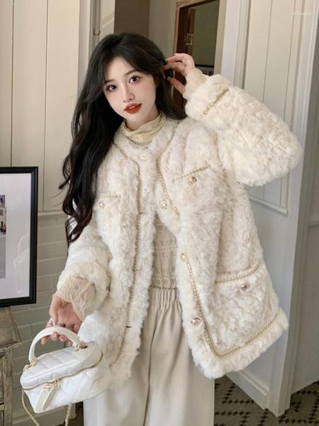 Femmes fourrure hiver 2023 blanc laine d'agneau manteaux femmes élégant col rond simple boutonnage Faux vestes en peluche coréen chaud épais vêtements d'extérieur