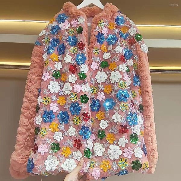 Abrigo de piel sintética con lentejuelas y bordado de flores en 3D para mujer, chaqueta flocada de terciopelo de visón con cuentas, Parkas acolchadas de algodón empalmadas