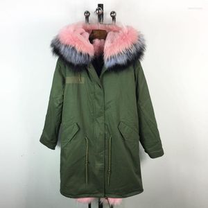 Veste vert armée d'hiver en fourrure pour femme avec parka à capuche colorée rose